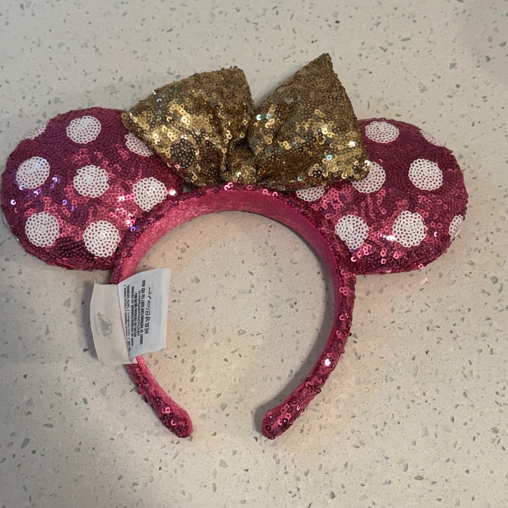 Disney Parks Minnie Mouse Pink Sequin Polka Dot Ears Gold Bow Headband